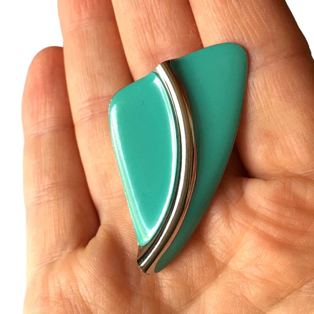 Aqua and silver tone abstract geometric clip on earrings - Picture 2 of 10